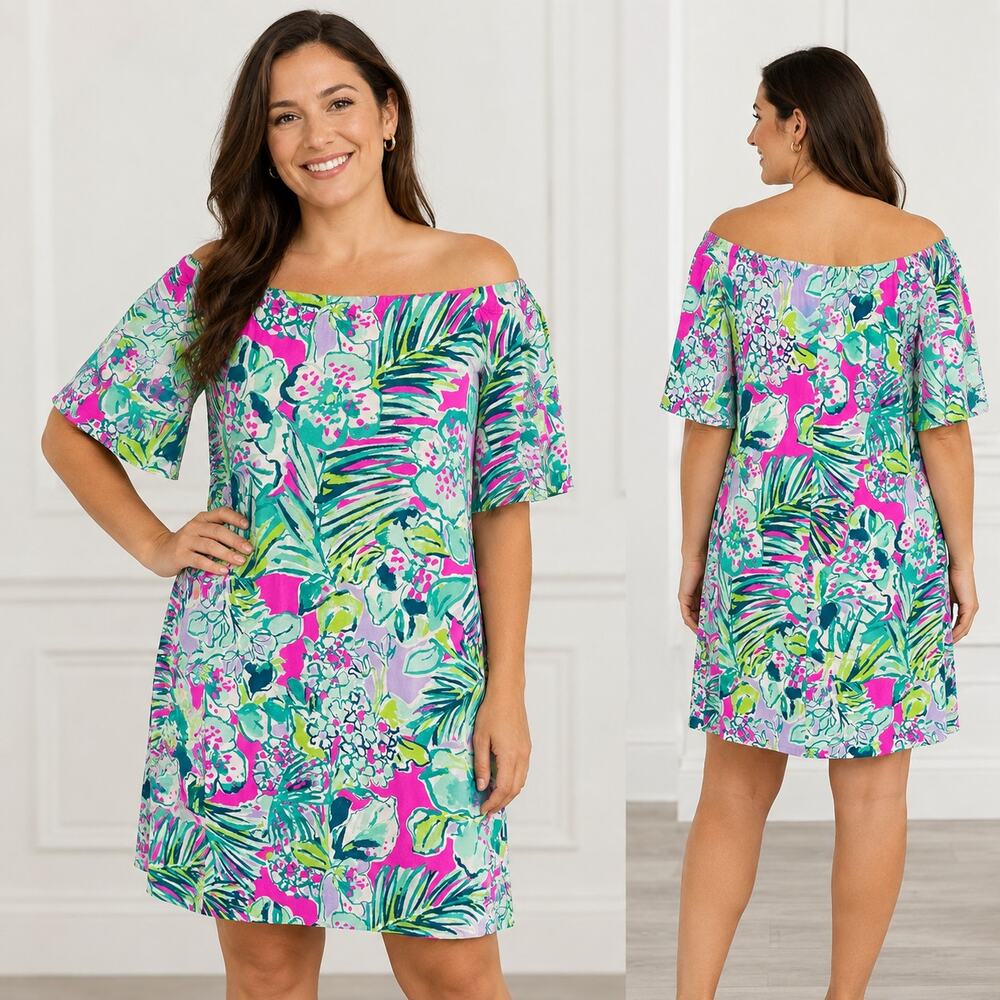 Lilly Pulitzer Fawcett Dress Early Bloomer Off Shoulder Floral L